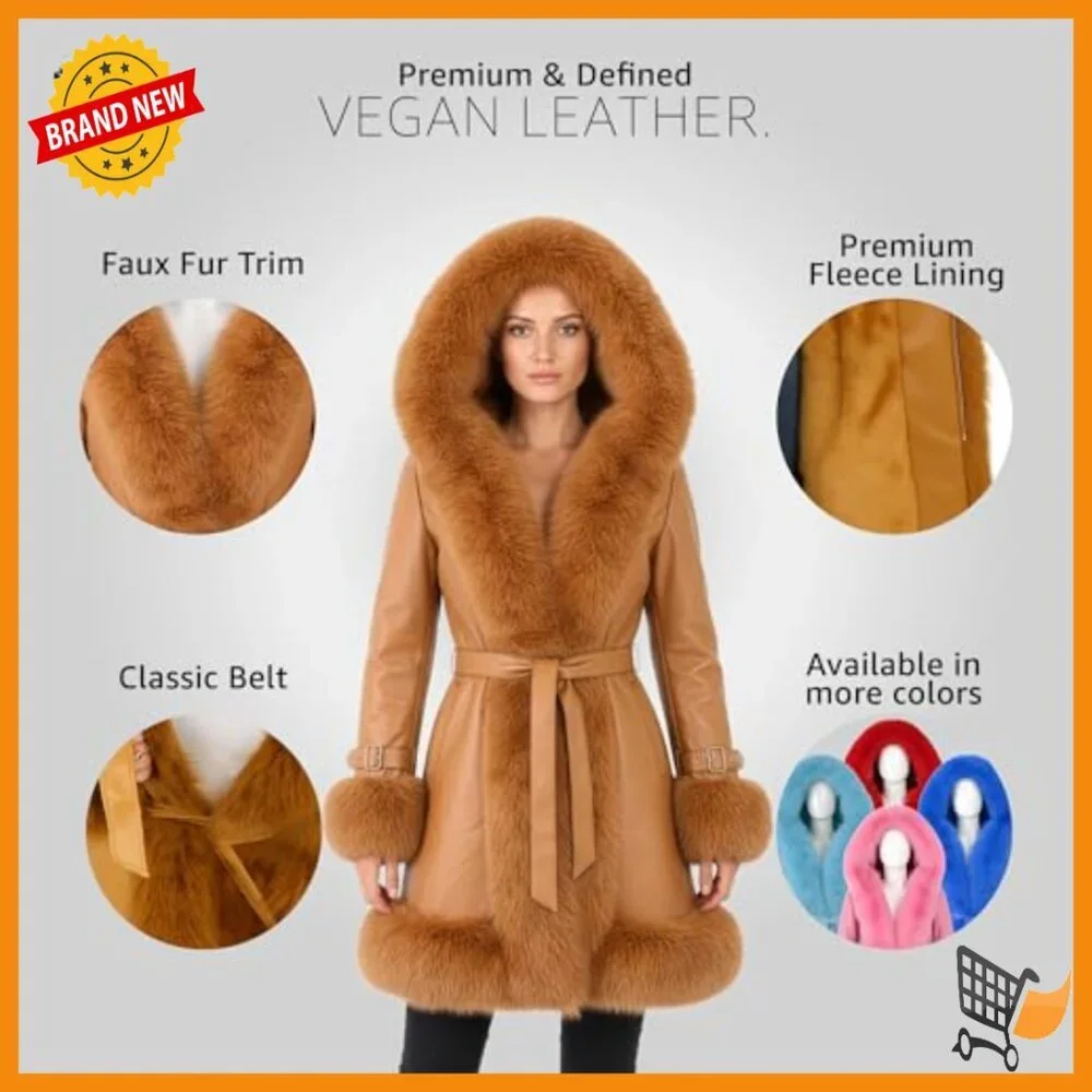 Vegan Leather Belted A Line Winter Coat with Faux Fur Trim Hood